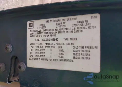 1996 Chevrolet S Truck S10 из США, поврежденный, VIN 1GCDT19X0TK165960